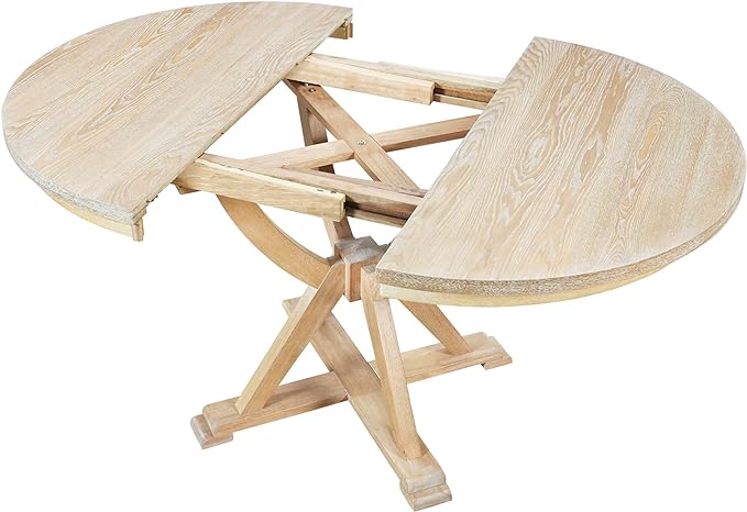 Mid-Century Round 15.7" Removable Leaf, Extending w/4 Cross Back Chairs, Room, Kitchen, Small Place, 5 Piece Dining Table Set, Natural 18 - LeafyLoom