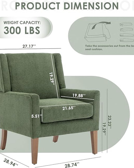 COLAMY Modern Wingback Living Room Chair, Upholstered Fabric Accent Armchair, Single Sofa chair with Lounge Seat and Wood Legs for Bedroom/Office/Reading Spaces, Green - LeafyLoom