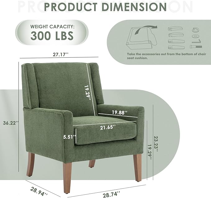 COLAMY Modern Wingback Living Room Chair, Upholstered Fabric Accent Armchair, Single Sofa chair with Lounge Seat and Wood Legs for Bedroom/Office/Reading Spaces, Green - LeafyLoom