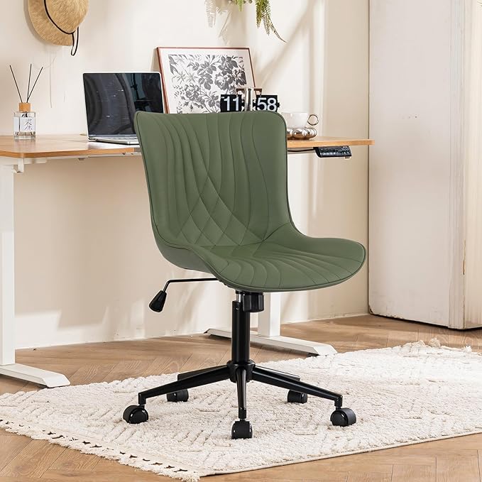 YOUTASTE Office Chair Armless Desk Chair Small Computer Swivel Rolling Chair with Wheels, Modern Upholstered PU Leather Computer Task Chair, Adjustable Home Office Desk Chairs, Olive Green - LeafyLoom