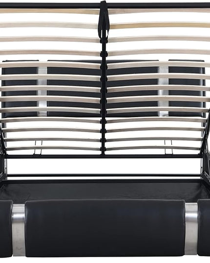 Modern Queen Size Upholstered Faux Leather Platform Bed with a Hydraulic Storage System, Metal Strips Headboard and Footboard, No Box Spring Needed, Sturdy Slat Support, Easy to Assemble - LeafyLoom