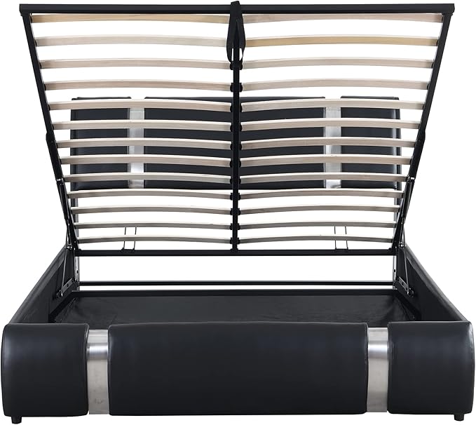 Modern Queen Size Upholstered Faux Leather Platform Bed with a Hydraulic Storage System, Metal Strips Headboard and Footboard, No Box Spring Needed, Sturdy Slat Support, Easy to Assemble - LeafyLoom