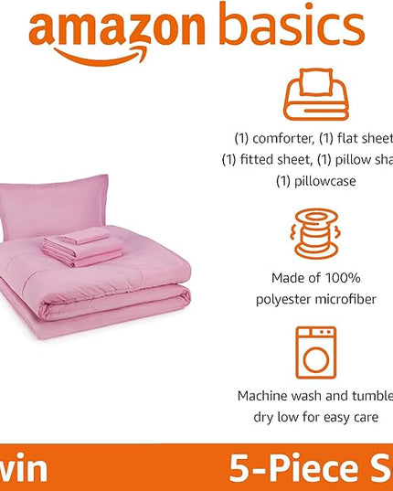 Amazon Basics 5 Piece Microfiber Kid's Bed-in-a-Bag Bedding Set, Twin, Pink, Solid - LeafyLoom