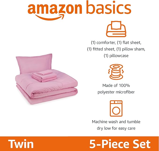 Amazon Basics 5 Piece Microfiber Kid's Bed-in-a-Bag Bedding Set, Twin, Pink, Solid - LeafyLoom