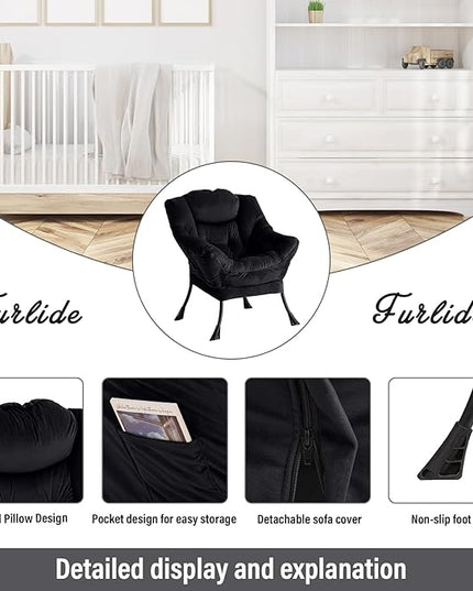 Lazy Chair with Ottoman, Modern Chair with Folding Footrest, Lounge Accent Chair, Comfortable Reading Chair, Oversized Armchairs for Bedroom, Study, Living Room, Courtyard (Black) - LeafyLoom