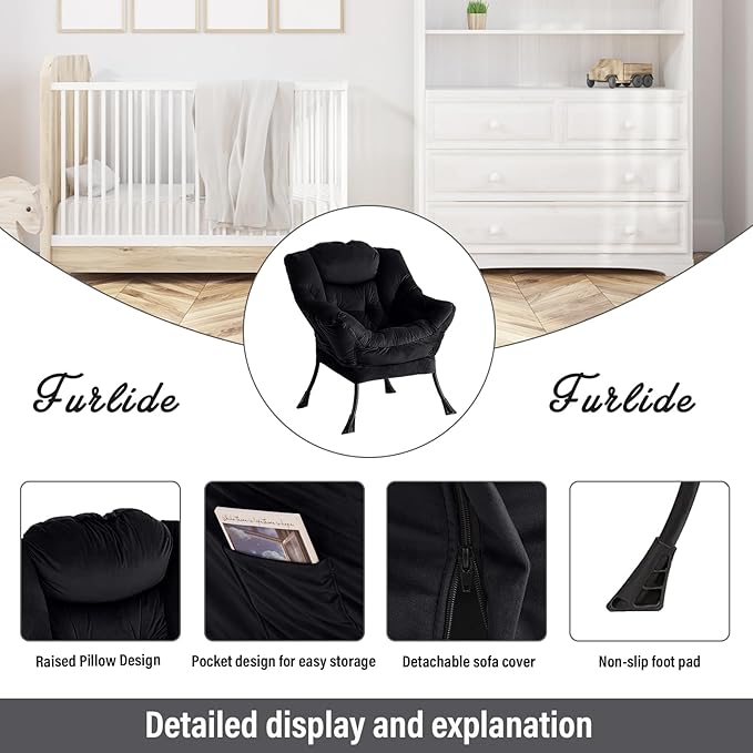 Lazy Chair with Ottoman, Modern Chair with Folding Footrest, Lounge Accent Chair, Comfortable Reading Chair, Oversized Armchairs for Bedroom, Study, Living Room, Courtyard (Black) - LeafyLoom