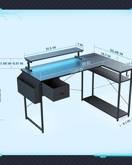 L Shaped Gaming Desk, 55 Inch Computer Desk with Adjustable Stand & RGB Lights, Corner Desk for Power Outlet, Carbon Fiber Texture, Gaming Room - LeafyLoom