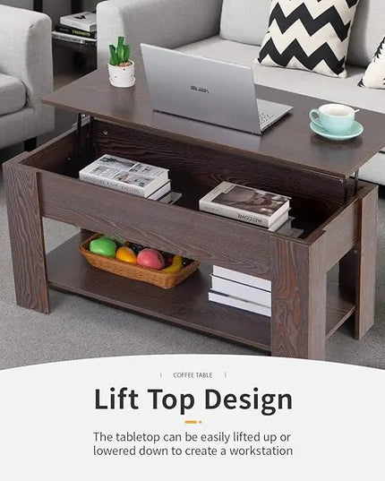 FDW Lift Top Coffee Table with Hidden Compartment and Storage Shelf Wooden Lift Tabletop for Home Living Room Reception Room Office (Espresso) - LeafyLoom