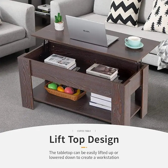 FDW Lift Top Coffee Table with Hidden Compartment and Storage Shelf Wooden Lift Tabletop for Home Living Room Reception Room Office (Espresso) - LeafyLoom