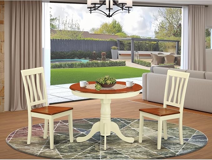 East West Furniture Antique 3 Piece Set for Small Spaces Contains a Round Kitchen Table with Pedestal and 2 Dining Chairs, 36x36 Inch, ANTI3-WHI-W - LeafyLoom