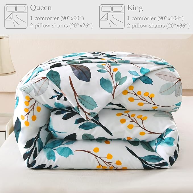 Whale Flotilla Queen Full Comforter Set, Soft Reversible Navy Leaf Bedding Comforter Set with Botanical Pattern, 1 Micoriber Printed Comforter and 2 Pillow Shams, 3 Pieces - LeafyLoom