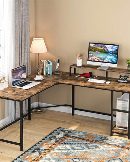 L-Shaped Computer Desk with Monitor Stand and Storage Shelves, Large Corner Desks for Home Office - LeafyLoom