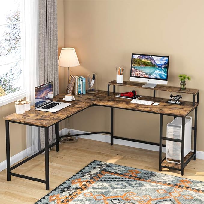 L-Shaped Computer Desk with Monitor Stand and Storage Shelves, Large Corner Desks for Home Office - LeafyLoom