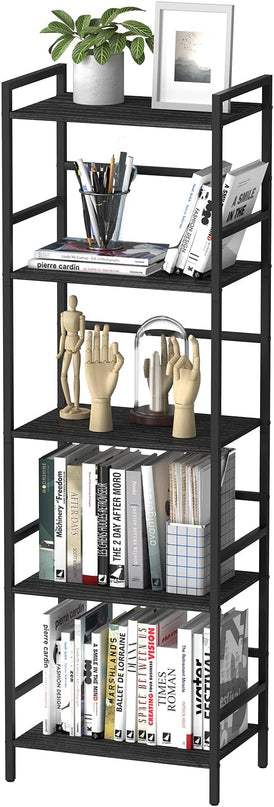 CADUKE Black Tall Bookcase 5 Tier Book Shelf for Bedroom Industrial Bookshelf with Storage Book Shelves for Kids Room Standing Office Bookshelves and Bookcases for Bedroom Living Room - LeafyLoom