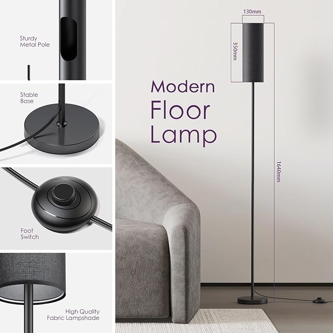 Floor Lamps for Living Room, Modern Floor Lamp with RGB LEDs Bulb,Dimmable Floor Lamp with App Control & Remote Control,Tall Reading Lamp for Bedroom, Living Room, Office,Black Lampshade - LeafyLoom