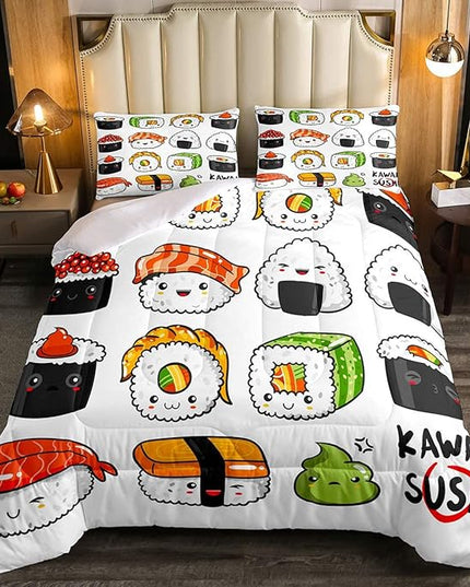 Erosebridal Kawaii Sushi Pattern Comforter Set Twin, Japanese Style Down Comforter, Food Theme Quilted Duvet for Kids Boys Girls Teens, Cute Cartoon Japanese Sushi Quilt Set Room Decorative - LeafyLoom