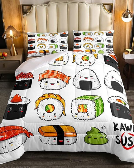 Erosebridal Sushi Pattern Comforter Set Full, Japanese Style Down Comforter, Food Theme Quilted Duvet for Kids Boys Girls Teens, Cute Cartoon Japanese Sushi Quilt Set Room Decorative - LeafyLoom