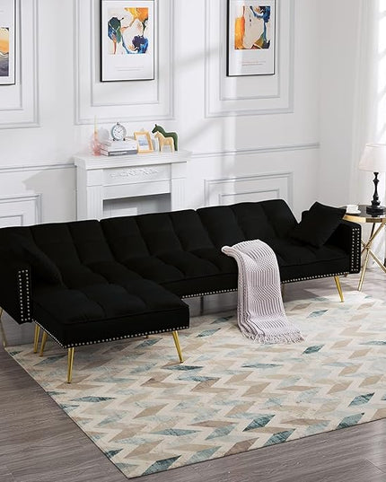 L-Shaped Living Room Furniture Sets Velvet Upholstery Tufted Corner Sectional Sofa Convertible Sleeper Couch Bed with Reversible Chaise Movable Ottoman & Nailhead Decor for Home Apartment - Beige - LeafyLoom