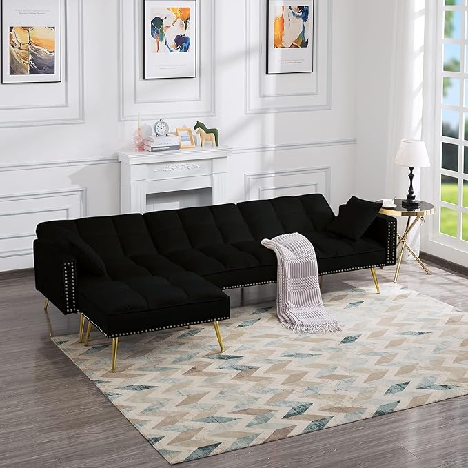 L-Shaped Living Room Furniture Sets Velvet Upholstery Tufted Corner Sectional Sofa Convertible Sleeper Couch Bed with Reversible Chaise Movable Ottoman & Nailhead Decor for Home Apartment - Beige - LeafyLoom