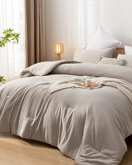 Queen Comforter Solid Color 3PCS Boho Bed Comforter Set Queen Size Tannish Grey Soft Lightweight Down Alternative Microfiber Comforter for All Season (1 Comforter, 2 Pillowcases) - LeafyLoom