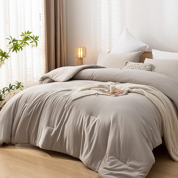 Queen Comforter Solid Color 3PCS Boho Bed Comforter Set Queen Size Tannish Grey Soft Lightweight Down Alternative Microfiber Comforter for All Season (1 Comforter, 2 Pillowcases) - LeafyLoom