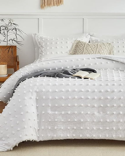 7 Pieces Tufted Dots Bed in a Bag Queen Comforter Set with Sheets White , Soft and Embroidery Shabby Chic Boho Comforters, Solid Color with Pom Pom Design, Jacquard Tufts Bedding Set for All Season - LeafyLoom