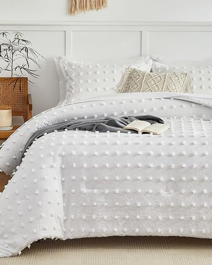 6 Pieces Tufted Dots Bed in a Bag Twin Comforter Set with Sheets White , Soft and Embroidery Shabby Chic Boho Bohemian Comforters, Solid Color with Pom Pom Design, Jacquard Tufts Bedding Set for Kids - LeafyLoom