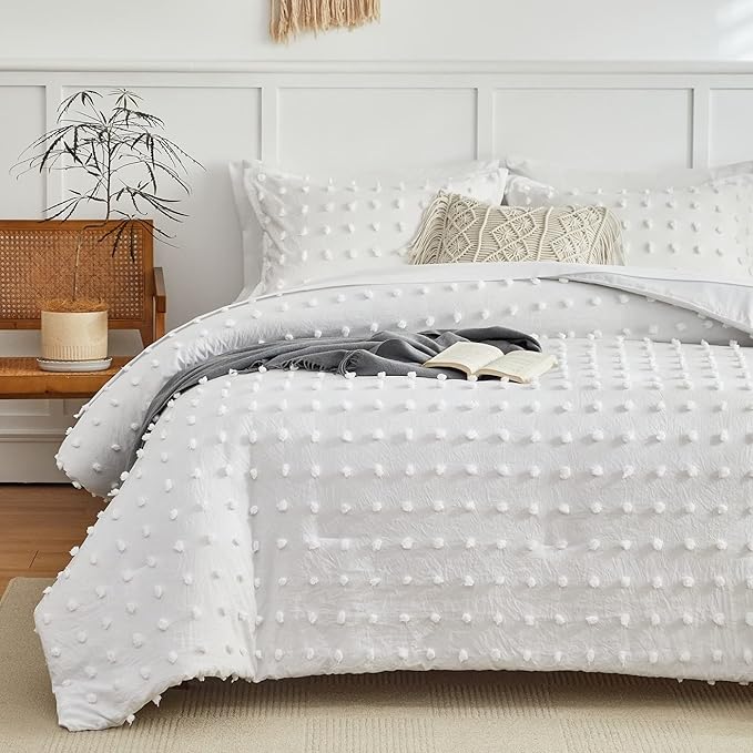 6 Pieces Tufted Dots Bed in a Bag Twin Comforter Set with Sheets White , Soft and Embroidery Shabby Chic Boho Bohemian Comforters, Solid Color with Pom Pom Design, Jacquard Tufts Bedding Set for Kids - LeafyLoom