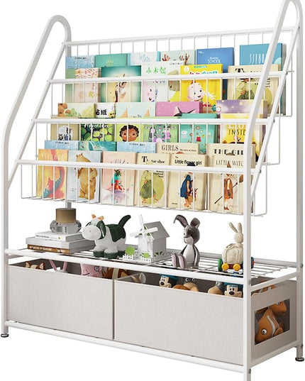 Large Kids Bookshelf With 2 Storage Box, 5 Tier Metal Kids Bookcases Children's Toy Storage Rack, Book Unit Storage Shelf for Playroom Bedroom Study Room, Idea Gifts for Boys and Girls KDSJ2305-White - LeafyLoom
