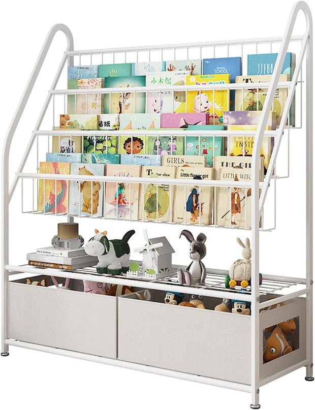 Large Kids Bookshelf With 2 Storage Box, 5 Tier Metal Kids Bookcases Children's Toy Storage Rack, Book Unit Storage Shelf for Playroom Bedroom Study Room, Idea Gifts for Boys and Girls KDSJ2305-White - LeafyLoom