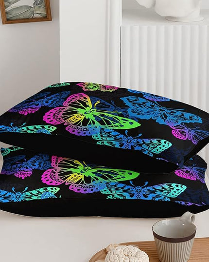 Axolotl Colorful Butterflies Bedding Set,Queen Size Kids Bed Set,Gradient Butterfly Comforter Set,1 Quilt with 2 Pillowcases for Boys Girls Kids Teens Children Adults Room Decor All Season,Black - LeafyLoom