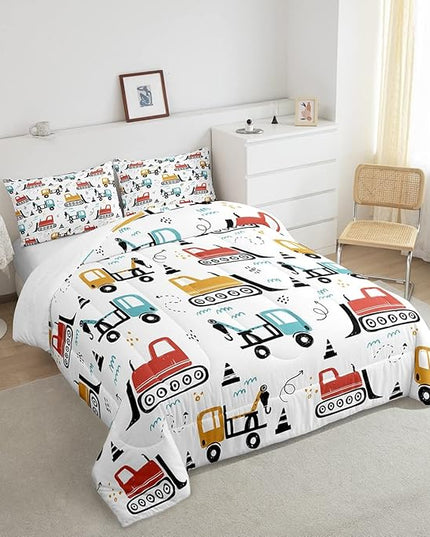 Boys Cartoon Car Comforter Set, Kids Construction Vehicles Comforter for Kids Children Cartoon Truck Bedding Set Cute Cars Teal Red Yellow Quilt Set Bedroom Collection 3Pcs King Size - LeafyLoom