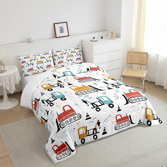 Boys Cartoon Car Comforter Set, Kids Construction Vehicles Comforter for Kids Children Cartoon Truck Bedding Set Cute Cars Teal Red Yellow Quilt Set Bedroom Collection 3Pcs King Size - LeafyLoom