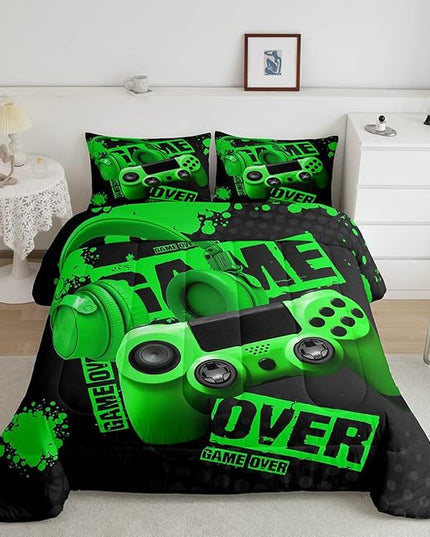 Gamer Comforter Sets for Boys Teens Gaming Comforter Full Size Kids Youth Video Game Comforter Set Green Black Room Decor Headphone Gamepad Bedding Set Reversible Quilt Set for All Season 3Pcs - LeafyLoom