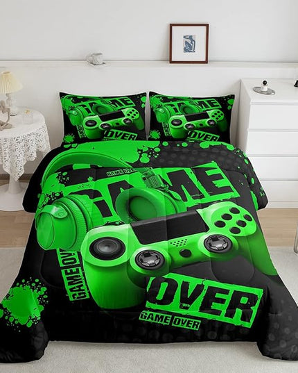 Feelyou Gamer Comforter Sets for Boys Teens Gaming Comforter King Size Kids Video Game Comforter Set Green Black Room Decor Headphone Gamepad Bedding Set Reversible Quilt for All Season 3Pcs Boys - LeafyLoom