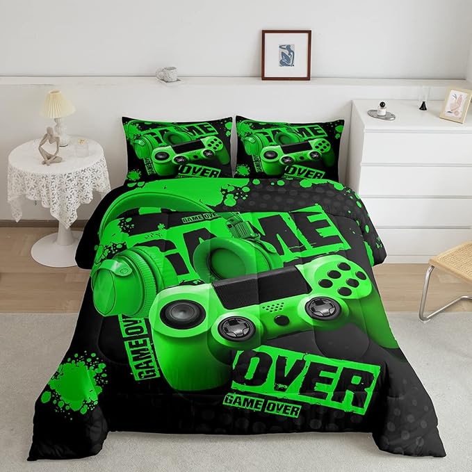 Feelyou Gamer Comforter Sets for Boys Teens Gaming Comforter King Size Kids Video Game Comforter Set Green Black Room Decor Headphone Gamepad Bedding Set Reversible Quilt for All Season 3Pcs Boys - LeafyLoom