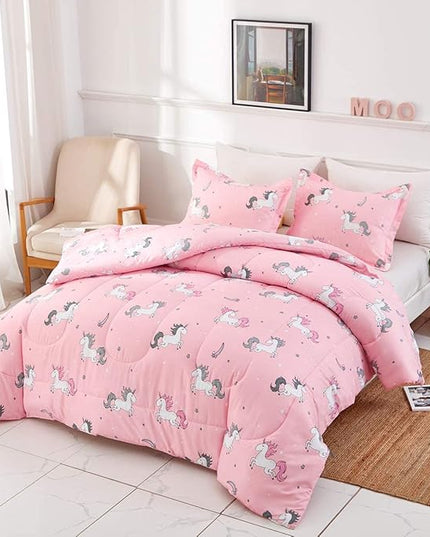 UOZZI BEDDING Bed in a Bag 6 Pieces Twin Size Unicorn Pink with Rainbow Star - Soft Microfiber, Reversible Bed Comforter Set (1 Comforter, 2 Pillow Shams, 1 Flat Sheet, 1 Fitted Sheet, 1 Pillowcases) - LeafyLoom