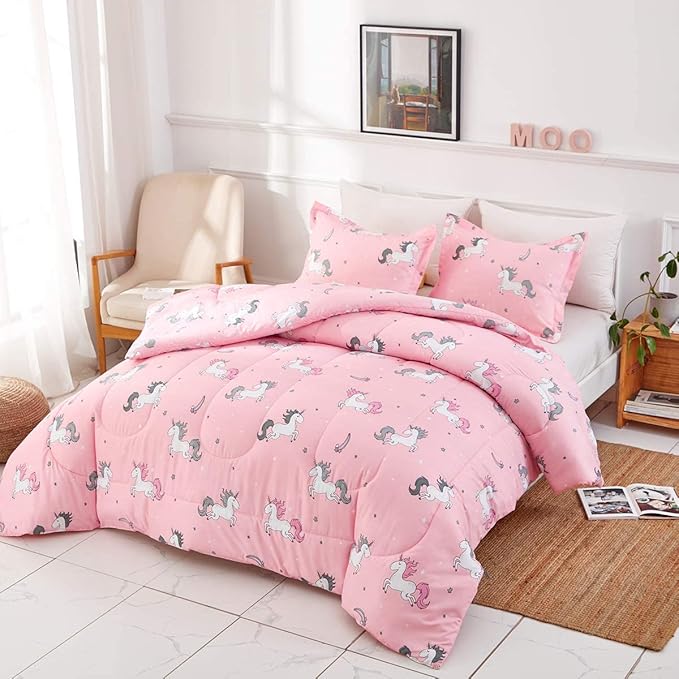 UOZZI BEDDING Bed in a Bag 6 Pieces Twin Size Unicorn Pink with Rainbow Star - Soft Microfiber, Reversible Bed Comforter Set (1 Comforter, 2 Pillow Shams, 1 Flat Sheet, 1 Fitted Sheet, 1 Pillowcases) - LeafyLoom