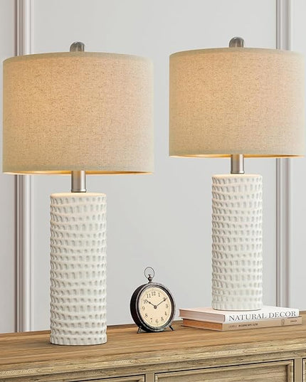 PORTRES 24" Farmhouse Ceramic Table Lamp Set of 2 for Bedroom Living room White Desk Decor Bedside Lamps for Study Room Office Dorm Modern Accent Nightstand Lamp End Table lamps - LeafyLoom