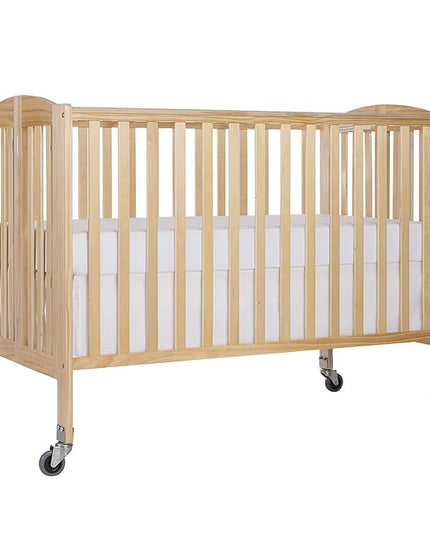 Folding Full Size Convenience Crib In Natural, Two Adjustable Mattress Height Positions, Comes With Heavy Duty Locking Wheels, Flat Folding - LeafyLoom