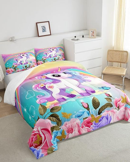 Cartoon Unicorn Kids Comforter Set Twin Size,Roses Flowers Butterfly Princess Bedding Set,Girls Women Room Decor,Rainbow Unicorn Cute Down Comforter,Pink Blue Romantic Duvet Insert,1 Pillowcase - LeafyLoom