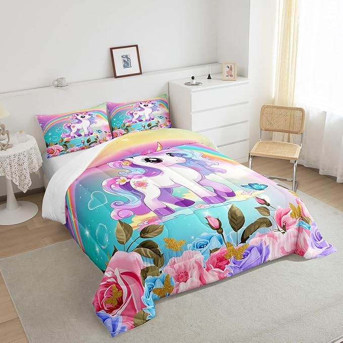 Cartoon Unicorn Kids Comforter Set Twin Size,Roses Flowers Butterfly Princess Bedding Set,Girls Women Room Decor,Rainbow Unicorn Cute Down Comforter,Pink Blue Romantic Duvet Insert,1 Pillowcase - LeafyLoom