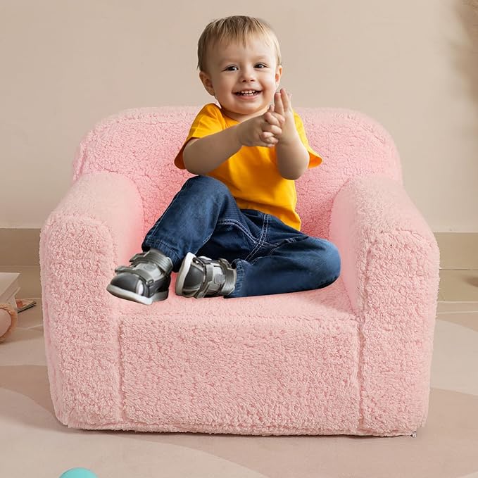 Kids Snuggly-Soft Sherpa Chair, Cuddly Toddler Foam Chair for Boys and Girls, Pink - LeafyLoom