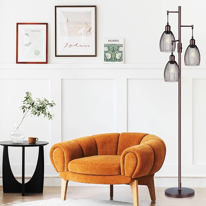 Dimmable Floor Lamp, Industrial Floor Lamps for Living Room, Brown Tree Lamp Standing Lamp Tall Lamps with 3 Elegant Teardrop Cage Head & 800 Lumens LED Bulbs for Living Room Bedroom Office - LeafyLoom