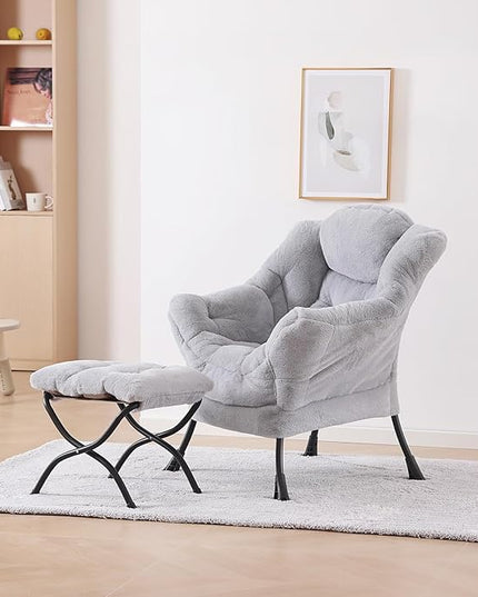 Plush Lazy Chair and Ottoman, Large Contemporary Accent Lounge Chair with Armrests and a Side Pocket, Modern Leisure Upholstered Sofa Reading Armchair with Footrest for Bedroom, Living Room - LeafyLoom