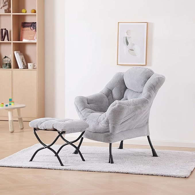 Plush Lazy Chair and Ottoman, Large Contemporary Accent Lounge Chair with Armrests and a Side Pocket, Modern Leisure Upholstered Sofa Reading Armchair with Footrest for Bedroom, Living Room - LeafyLoom