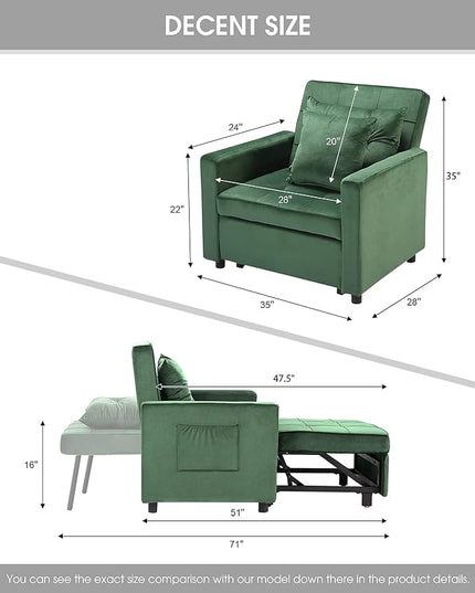 XSPRACER [UPDATED] Convertible Chair Bed, Sleeper Chair Bed 3 in 1, Stepless Adjustable Backrest,Armchair, Sofa, Bed, Flannel, Dark Green, Single One - LeafyLoom