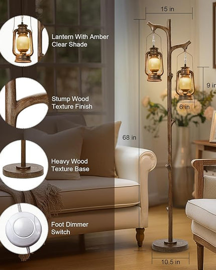 68" Rustic Farmhouse Tree Trunk Floor Lamp Country Brown Finish Wood Vintage Standing Tall Lamp with lantern Stepless Dimmable Industrial floor Lamp Decor for Bedroom Living Room Office Hotel - LeafyLoom