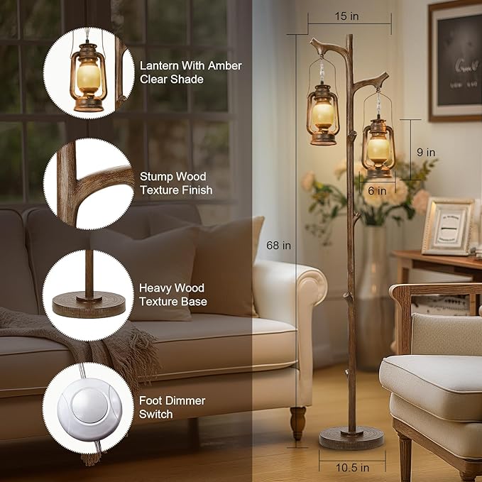 68" Rustic Farmhouse Tree Trunk Floor Lamp Country Brown Finish Wood Vintage Standing Tall Lamp with lantern Stepless Dimmable Industrial floor Lamp Decor for Bedroom Living Room Office Hotel - LeafyLoom