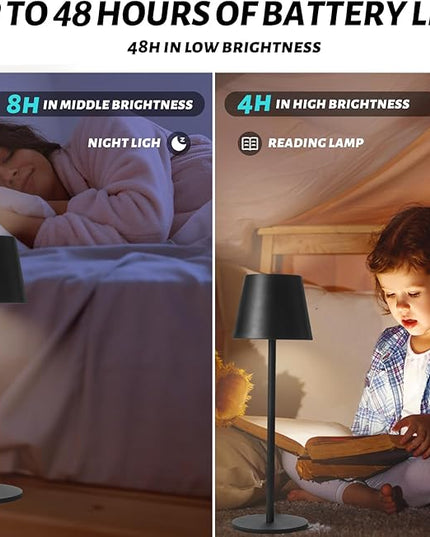 Maksone 2 Pack LED Cordless Table Lamp, 6600mWh Rechargeable Battery Desk Lamp, 3000K Stepless Dimming Night Light, IP54 Waterproof Metal Outdoor Portable Lamp for Restaurant, Patio (Black) - LeafyLoom